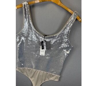 Express Body Contour Silver Sequin Sleeveless Bodysuit Party Top Size L Cocktail